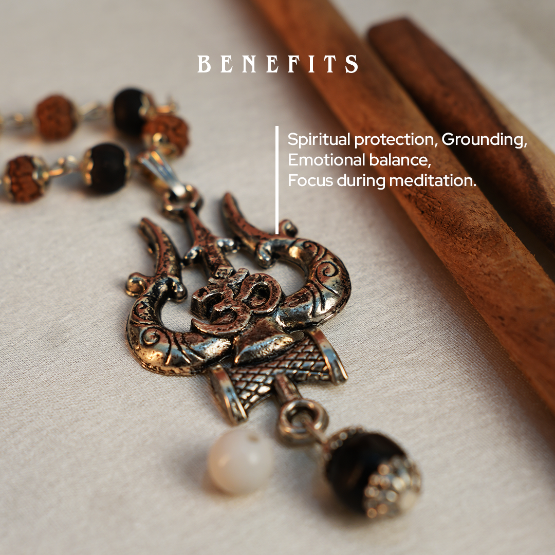 Karungali & Rudraksh Mala Silver-Cap with Trishul Pendant