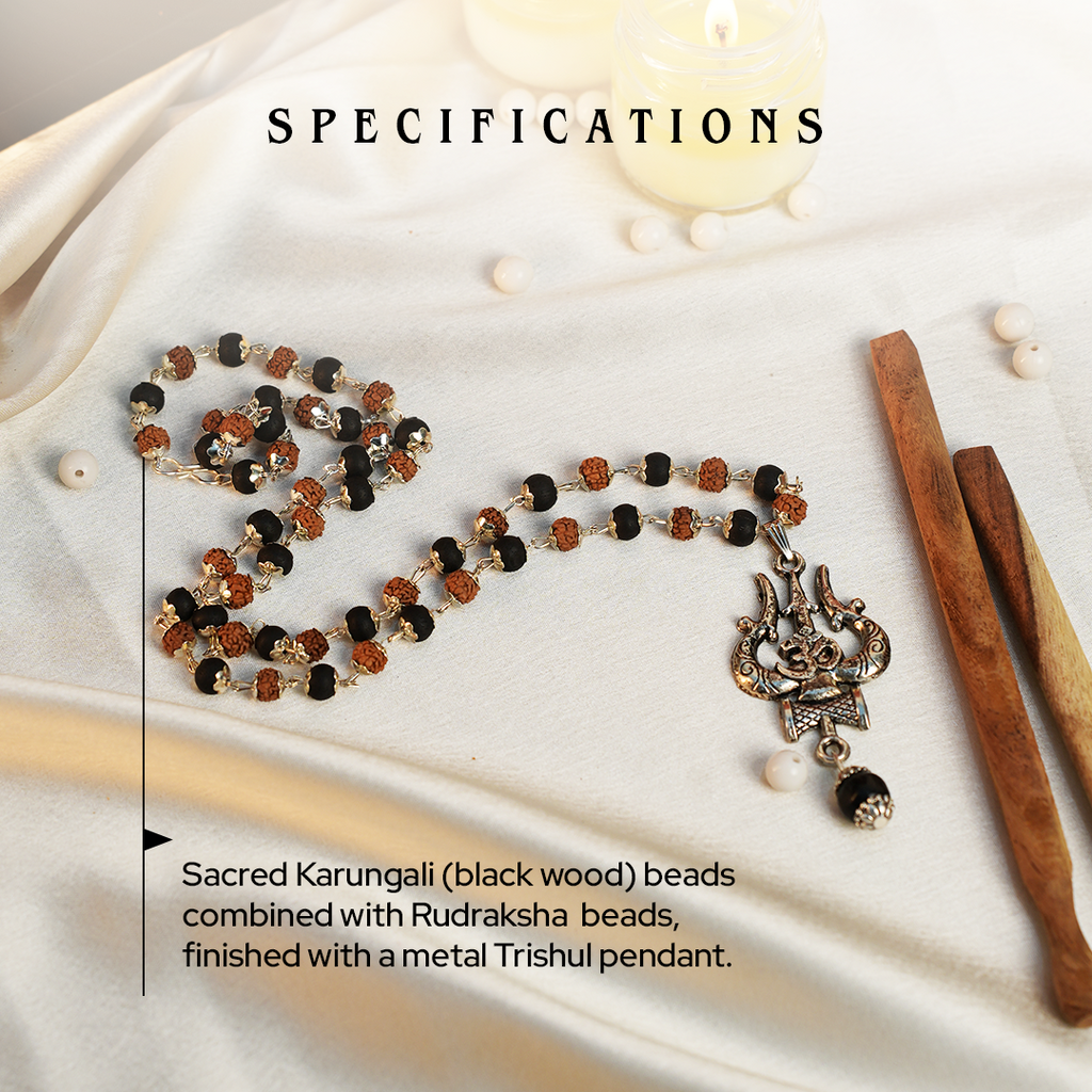 Karungali & Rudraksh Mala Silver-Cap with Trishul Pendant