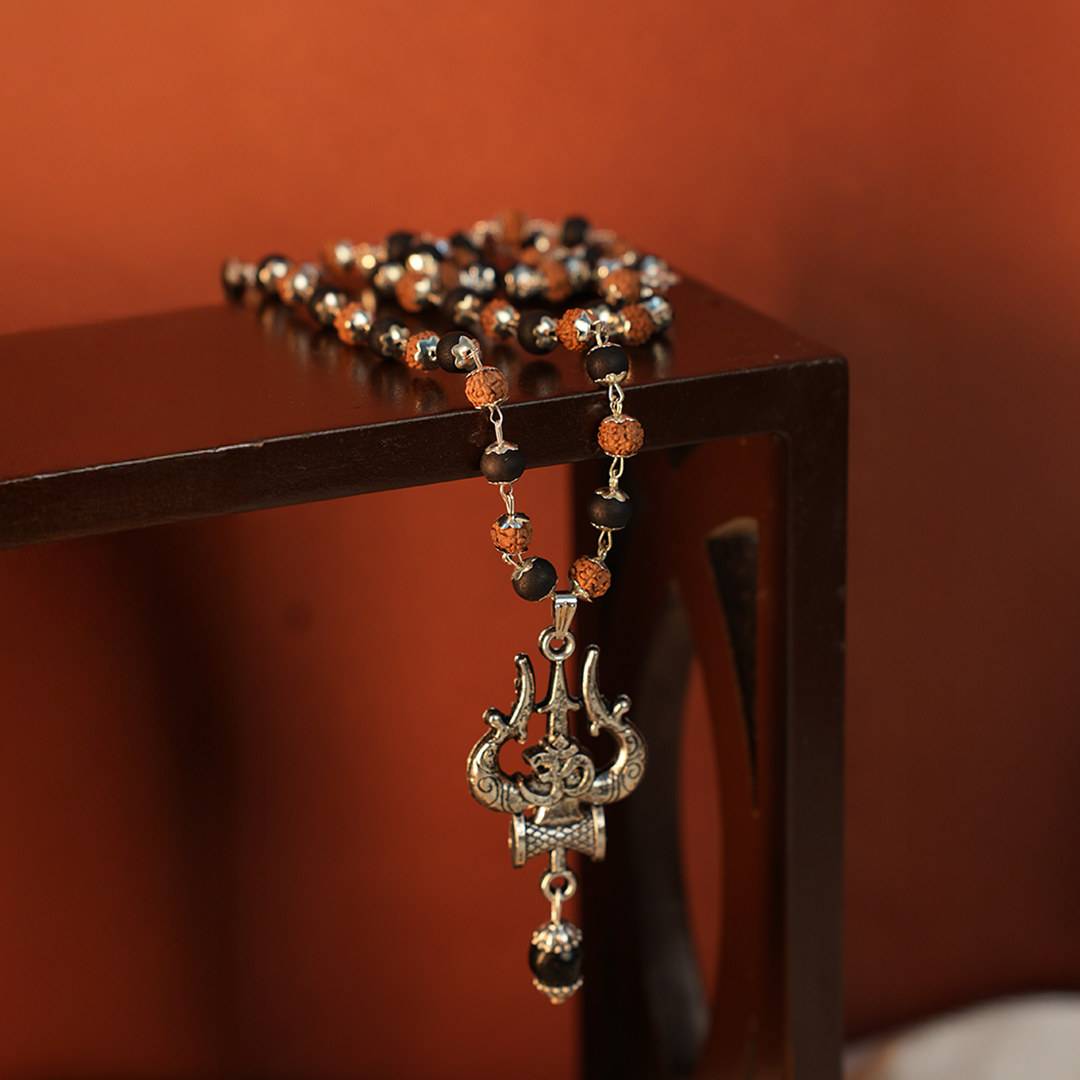 Karungali & Rudraksh Mala Silver-Cap with Trishul Pendant